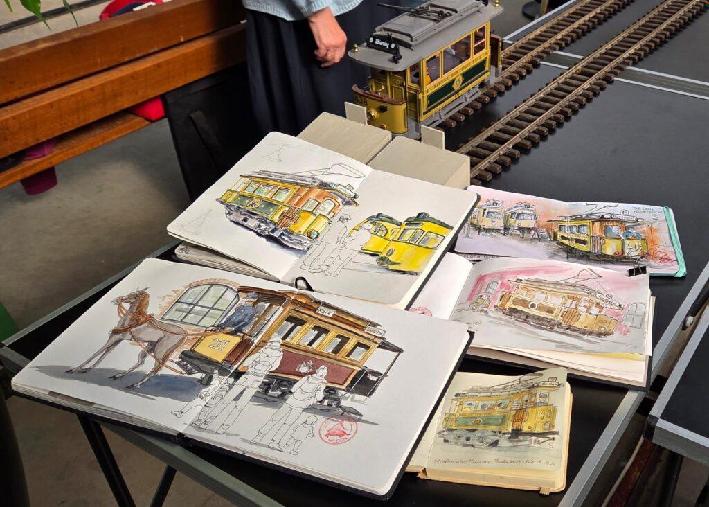 Ergebnisse Urbans Sketchting im Strassenbahnmuseum Thielenbruch